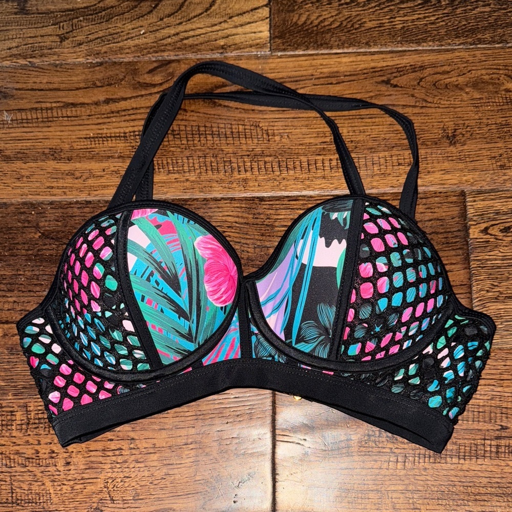 Swimsuits for All Tropical Floral Print Fishnet Bustier Bikini Top